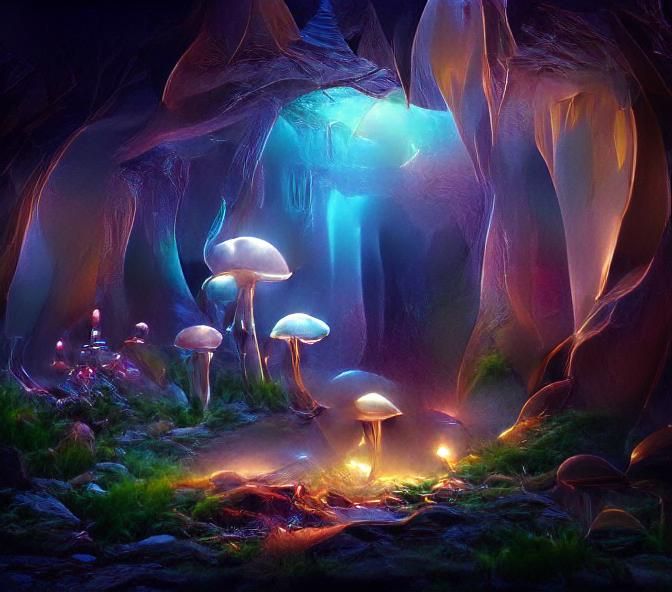 Glowing Mushroom Cave: Psychedelic Hyperrealistic Illustrati...