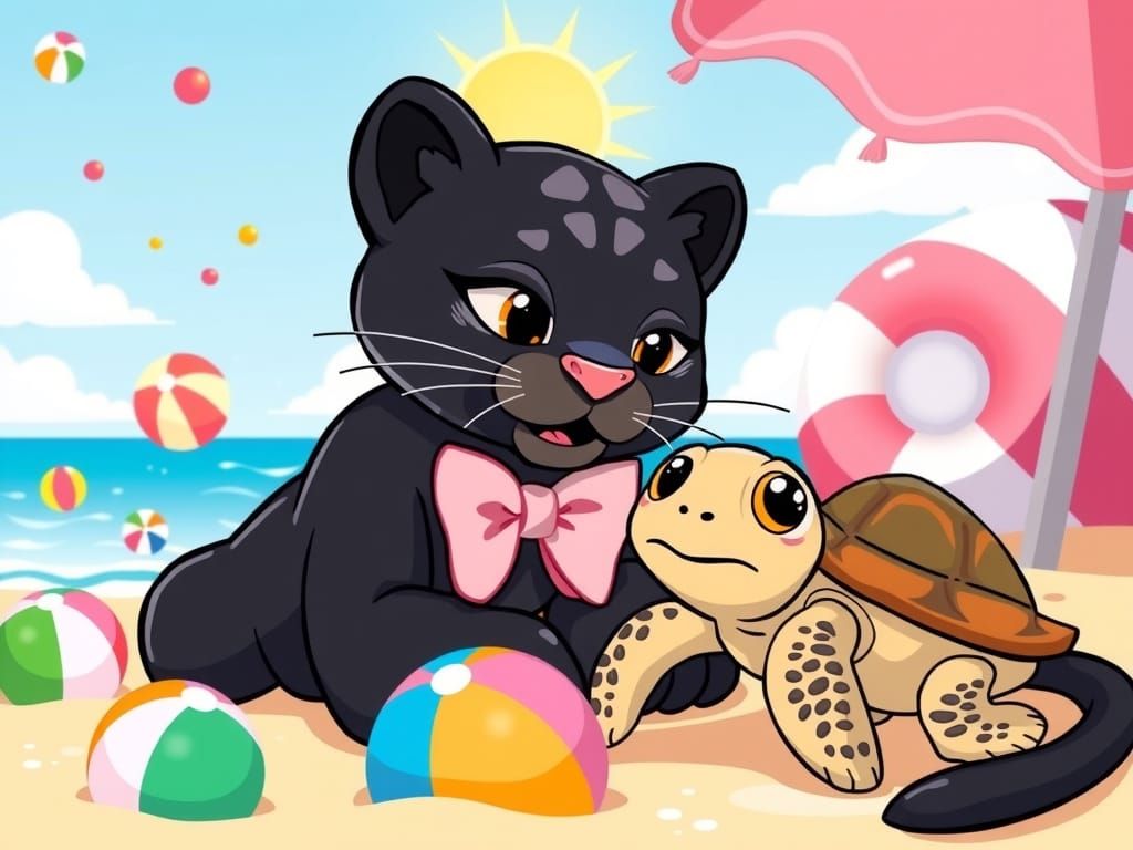 Kawaii style of a Black Panther, playing with a kawaii turtle at the beach