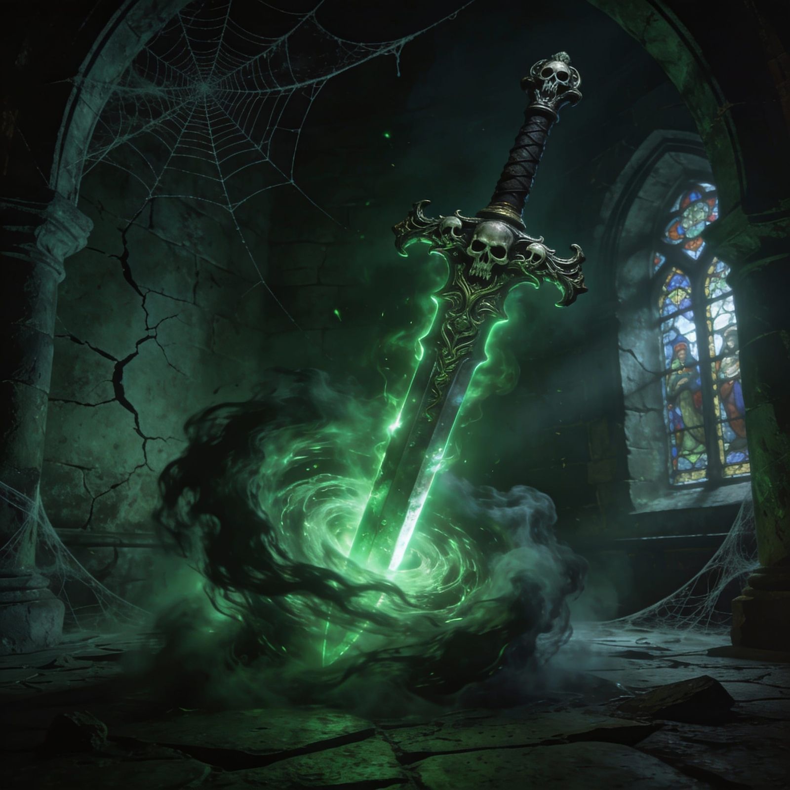 Sinister Necromancy Sword Materializes in Gothic Chamber