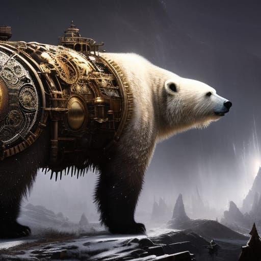 Steampunk Polar Bear in Abandoned Landscape