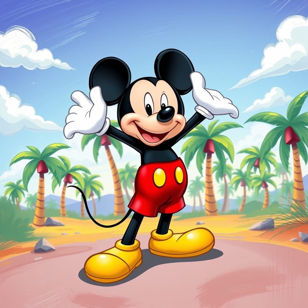 Mickey Mouse in Vibrant Cartoon Landscape