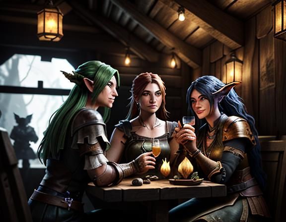 Goblins Enjoying Cocktails in Rustic Tavern, 3D Game Art