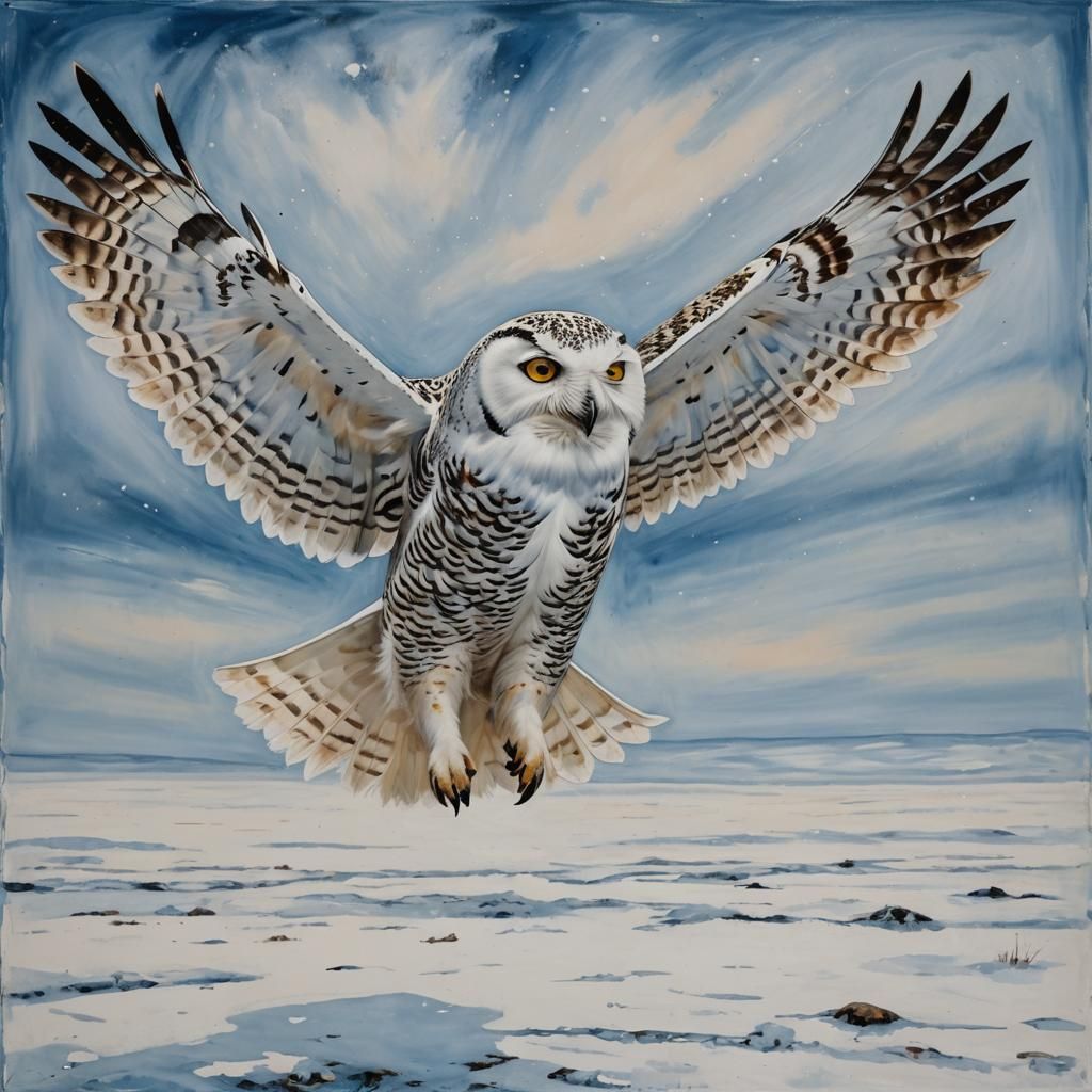 Snowy Owl in Icy Tundra, Art Brut Style