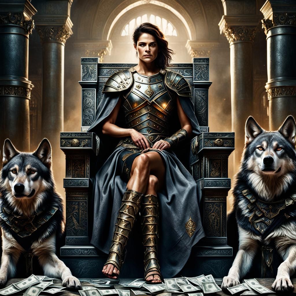 Female Gladiator on Throne with Wolves, Digital Art