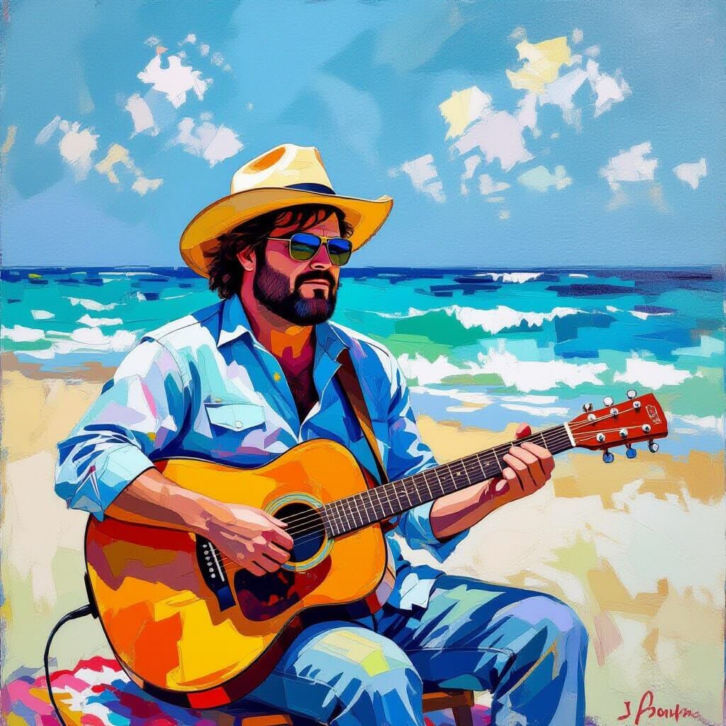 Jack Black Plays Guitar on Beach in Abstract Art Style