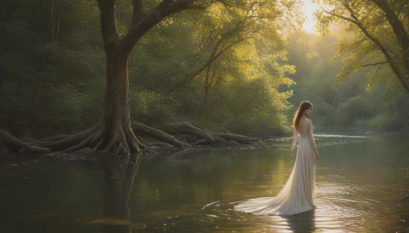 Serene Maiden by Luminous River in Dreamy Landscape
