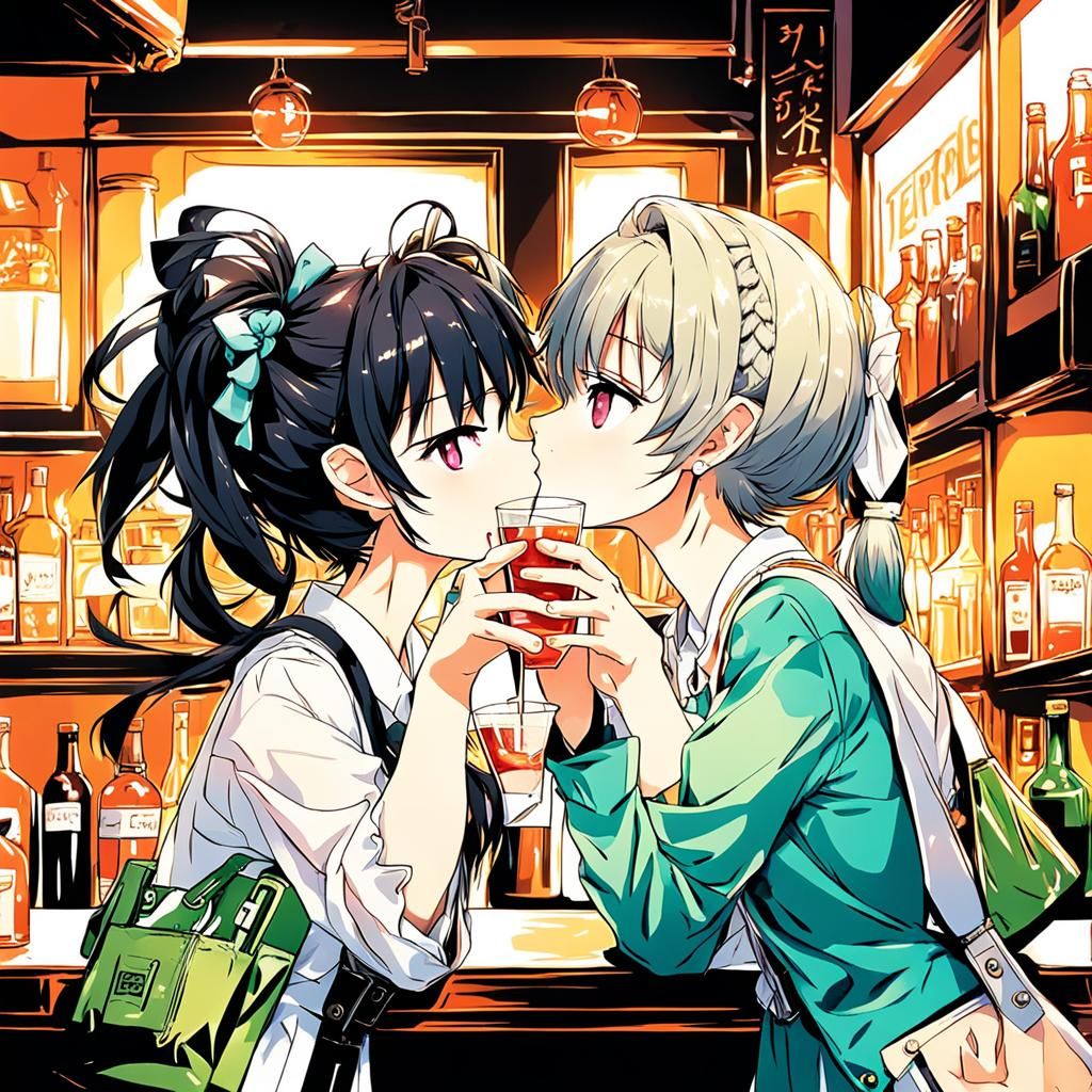 Anime Girls Kissing in Bar: Manga Style