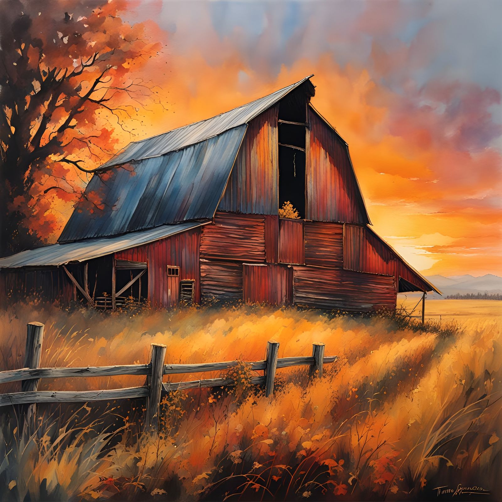 Hyperrealistic Barn at Sunset in Watercolor Style