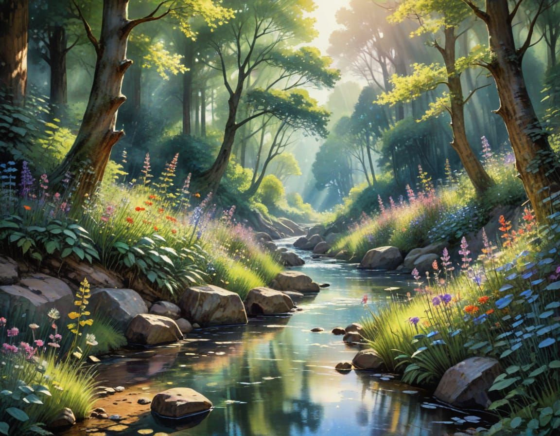 Dreamy Watercolor Forest Scene in Whimsical Style