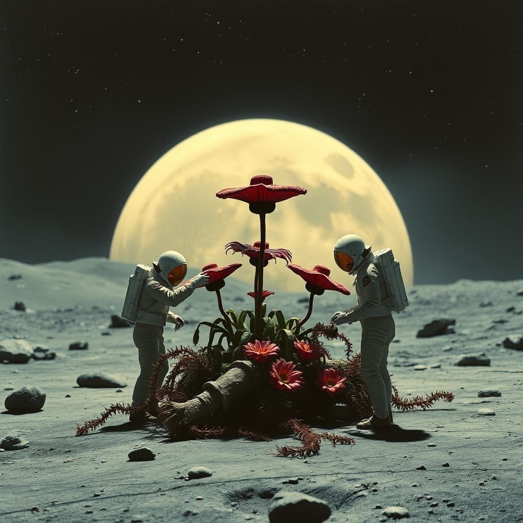 Men in Spacesuits Tend to Alien Flowers on the Moon