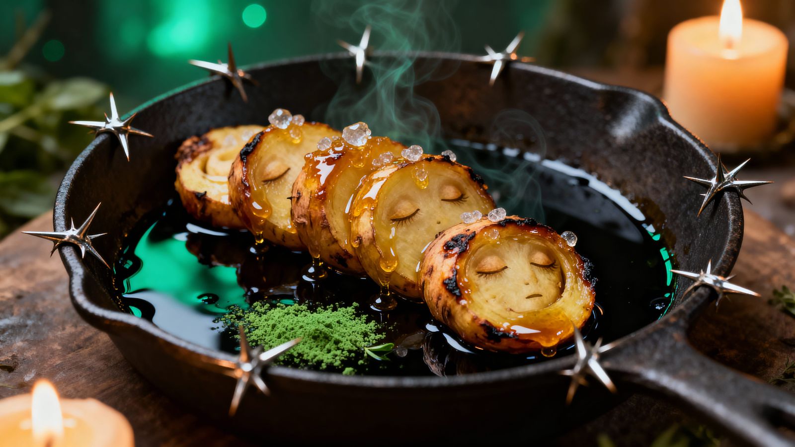 Mandrake Root Confit in Iron Skillet, Fantasy Food Art