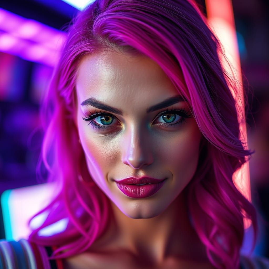 Elegant Woman with Emerald Eyes and Vibrant Pink Hair