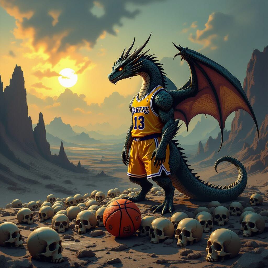 Dragon Plays Basketball in Dark Fantasy Wasteland
