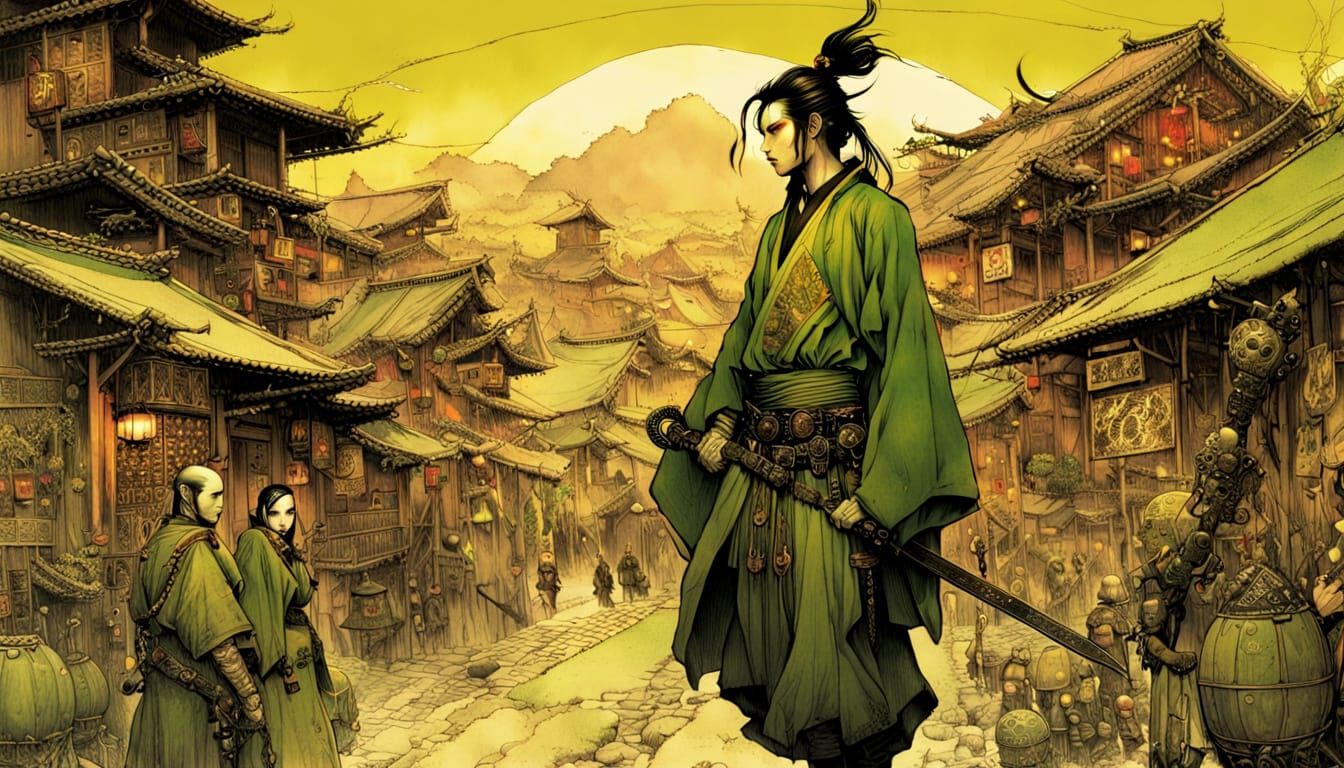 Samurai in Medieval Village at Sunset