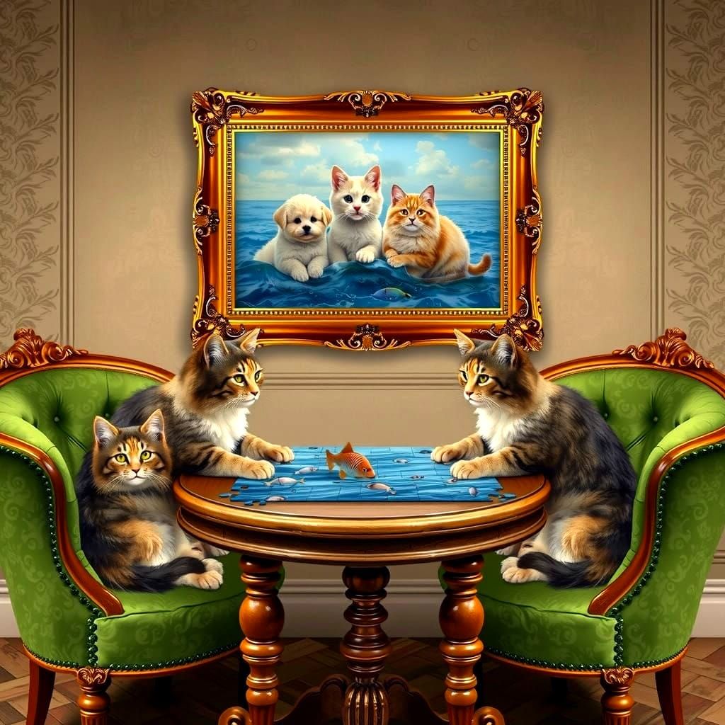 Cute Cats Assemble Ocean Puzzle on Velvet Chairs