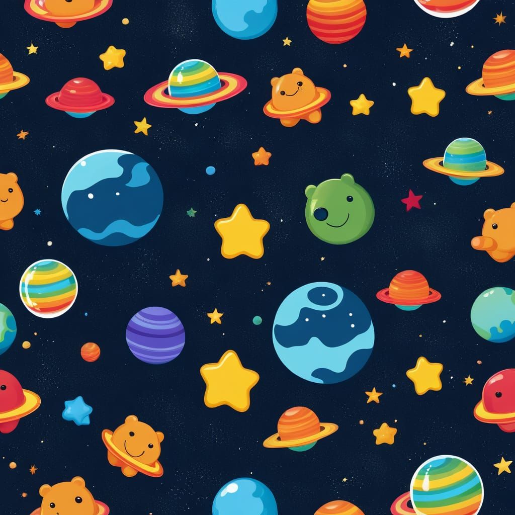 Gummy Bear Floats Among Rainbow Planets in Cosmic Scene