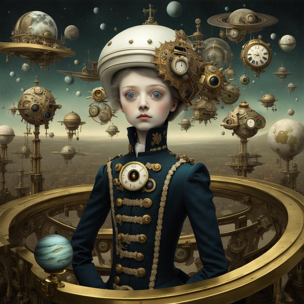 Surreal Rococo Portrait with Steampunk and Cosmic Elements