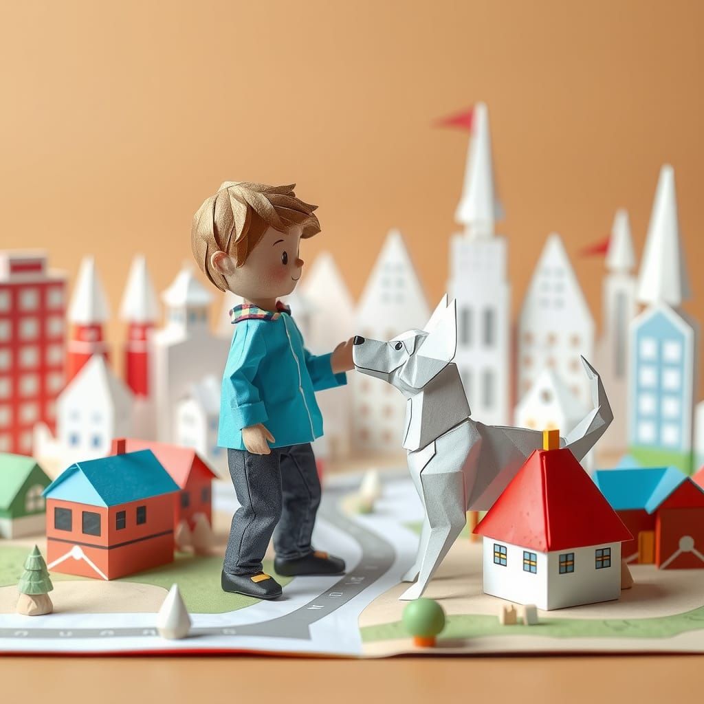Paper Boy Walks Paper Dog in Origami City