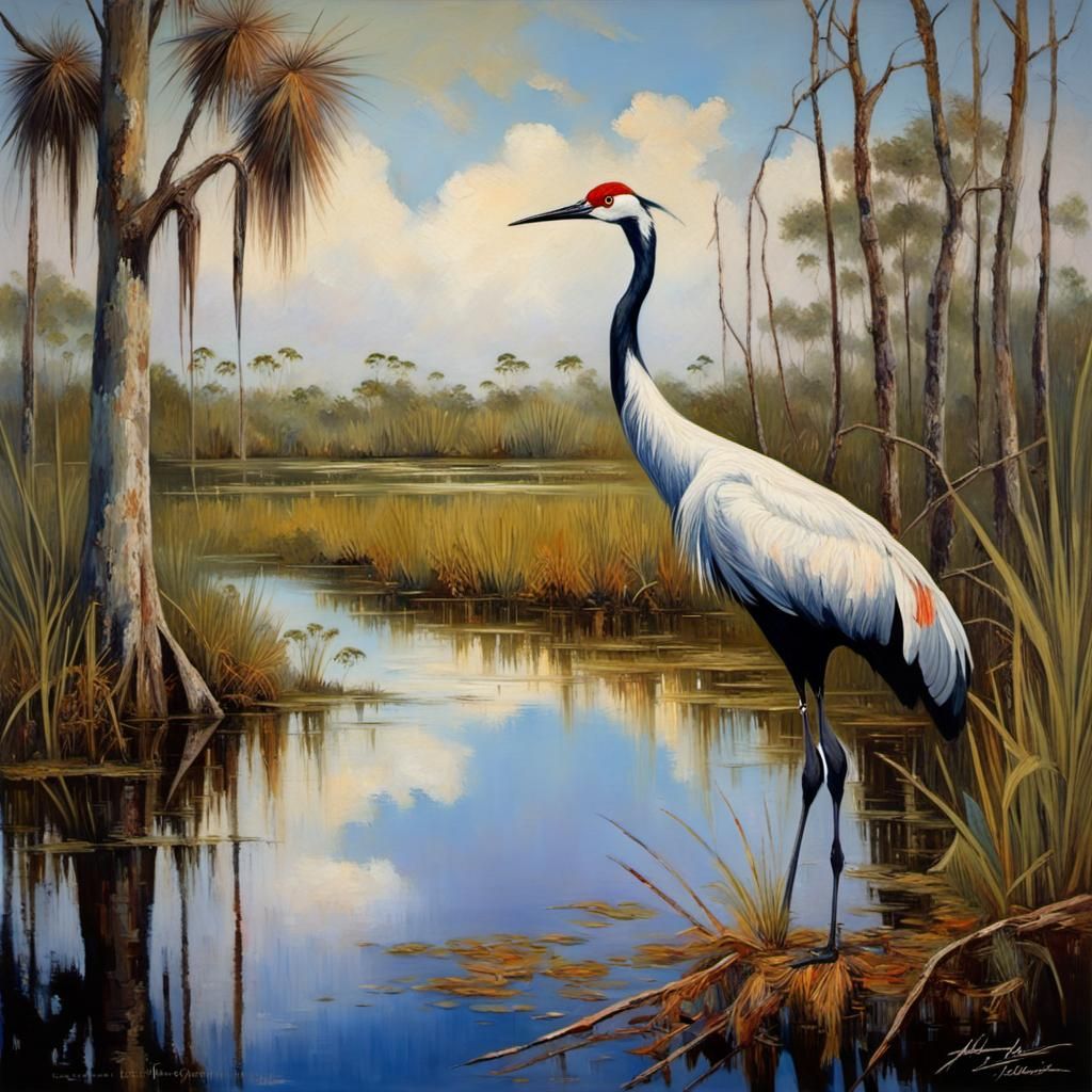 Crane in Everglades: Impasto Mixed Media Landscape