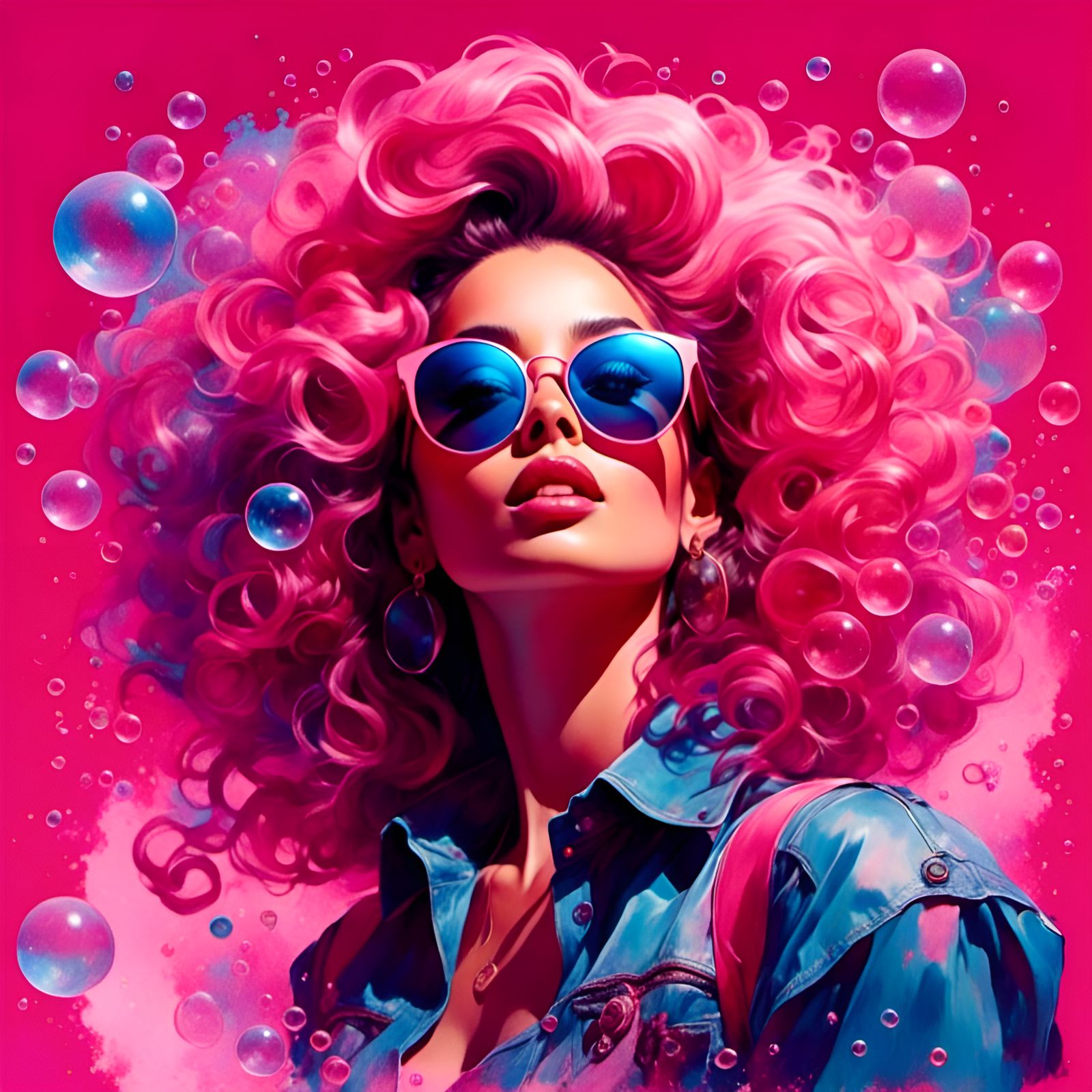 Woman Surrounded by Bubbles in Watercolor Style