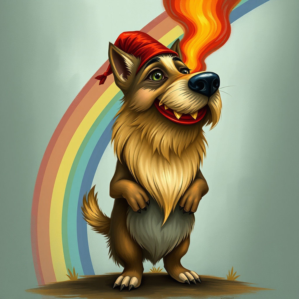 Dwarf Dog Vomiting Rainbow in Digital Folk Art