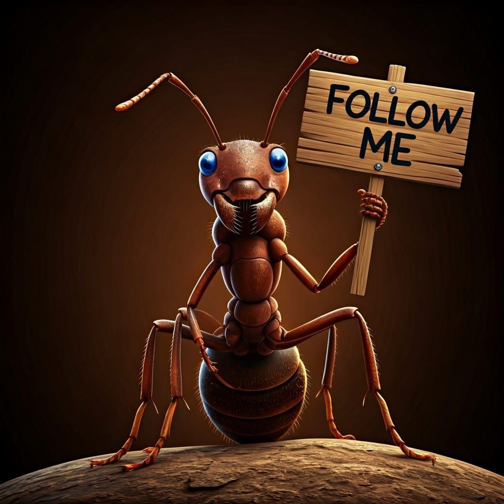 Whimsical Ant Holds Follow Me Sign: 8k CGI Art