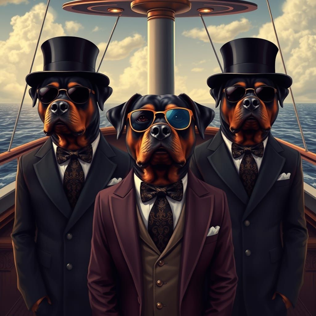 Rottweiler Gentleman on Yacht in Art Deco Style