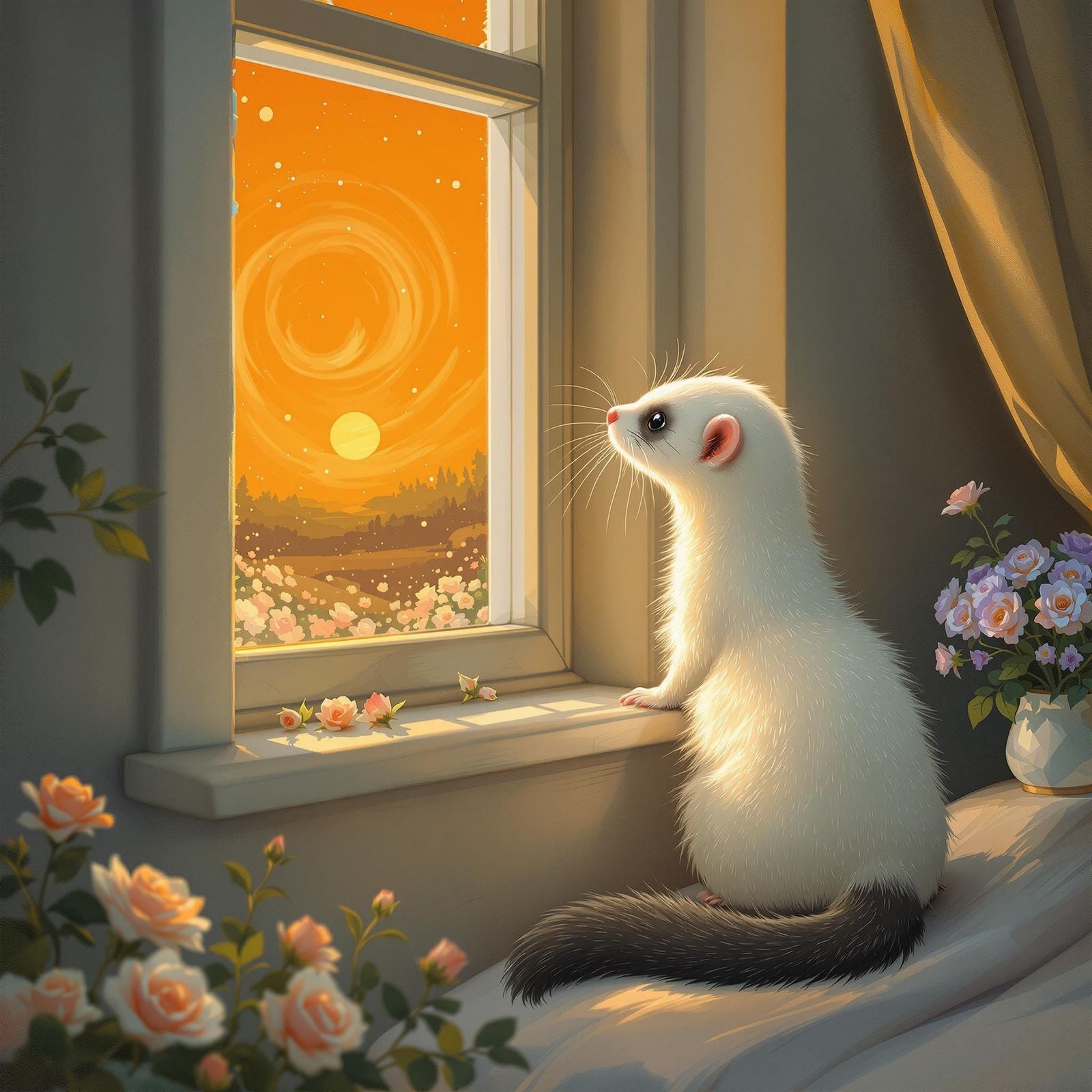 Whimsical Ferret in Golden Sunset Glow