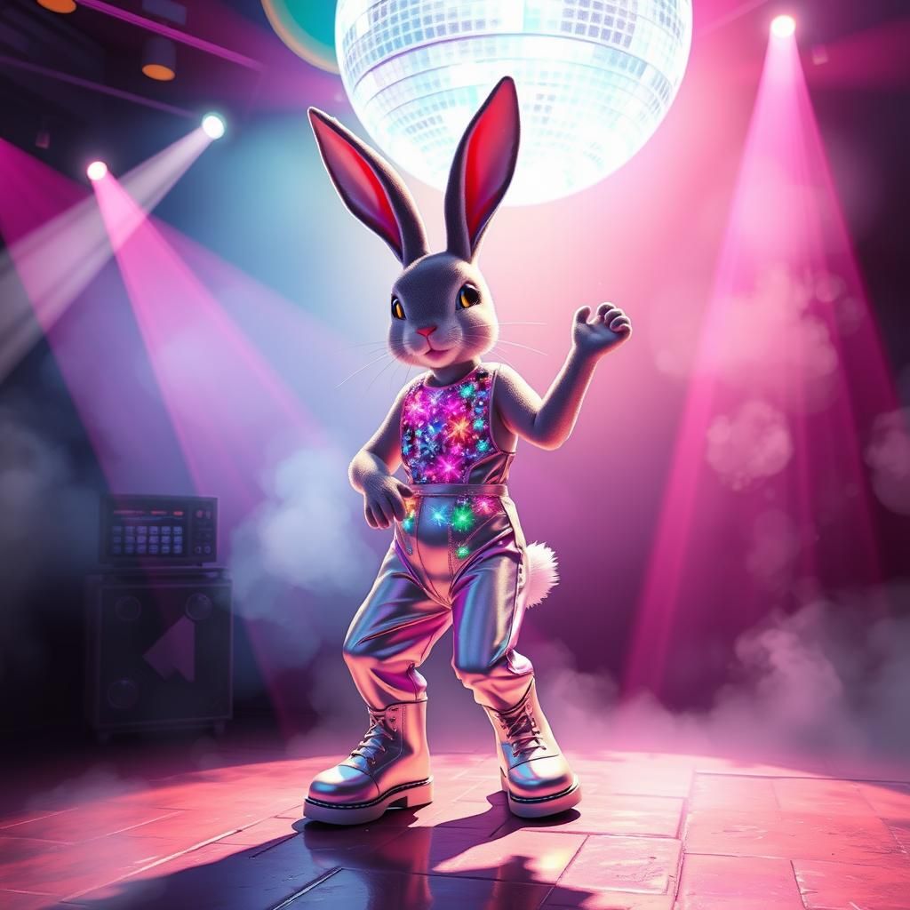 Disco Rabbit Dancing in Neon Futuristic Style