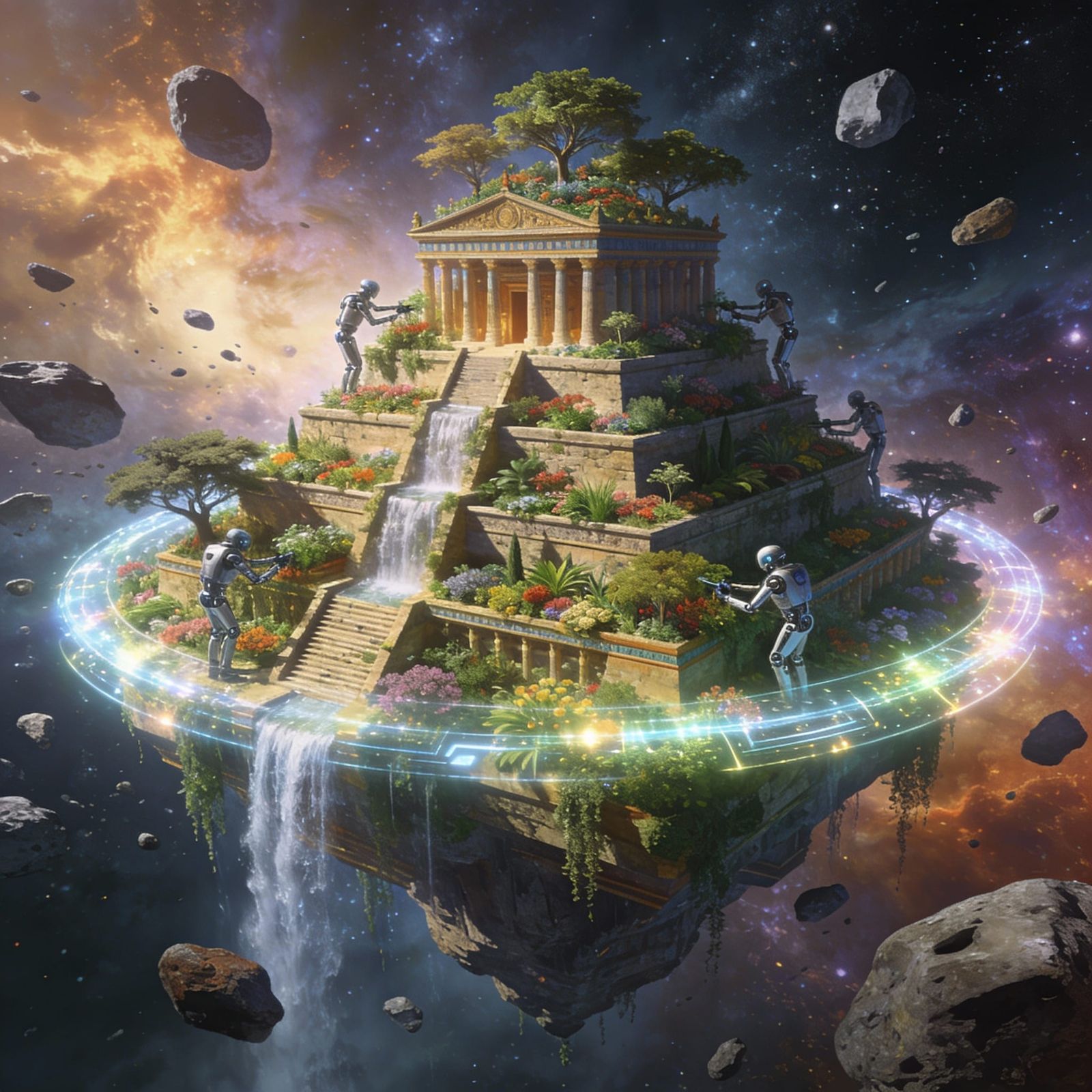 Floating Mesopotamian Ziggurat Gardens in Space