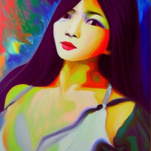 Asian Goth Woman: Neo-Impressionist Oil Painting