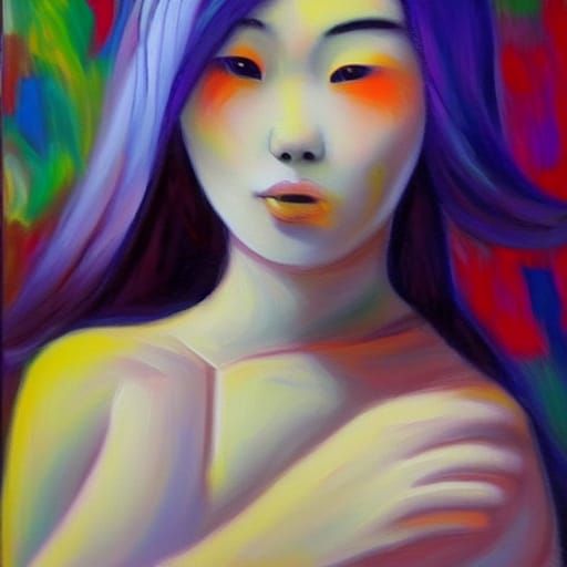 Asian Goth Woman: Neo-Impressionist Oil Painting