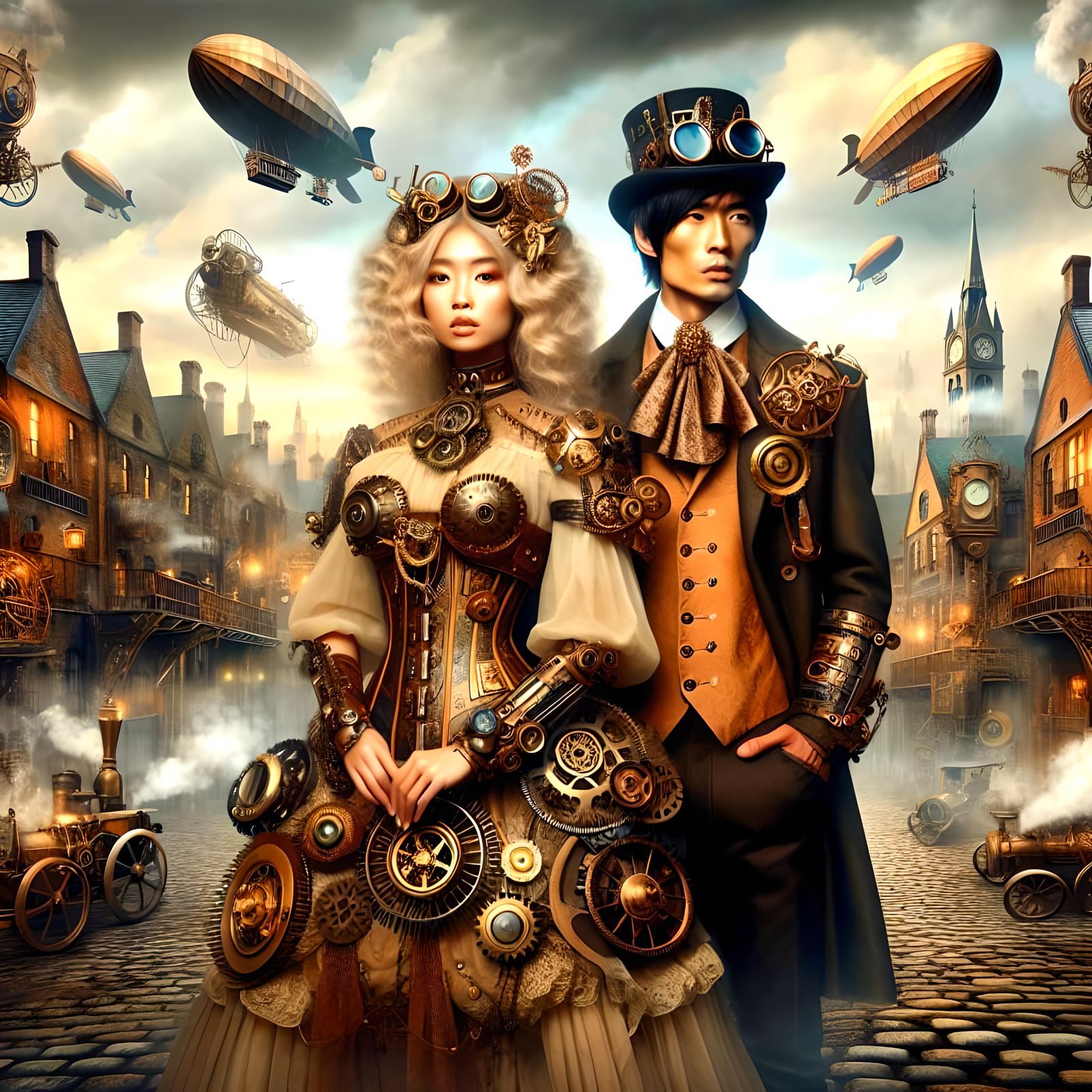 A woman and a man of Asian descent, Steampunk costumes,  hyperdetailed, detailed background, fantasy art