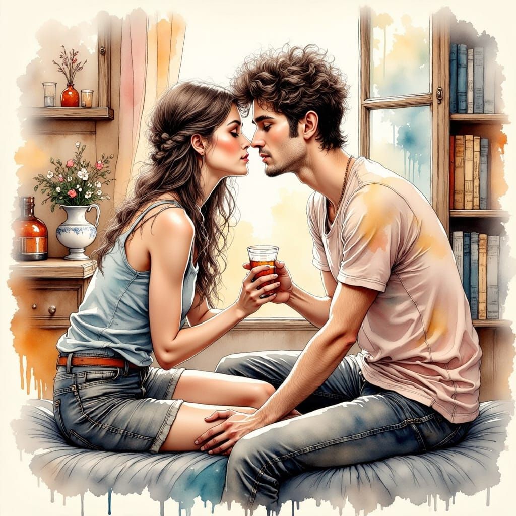 Tender Moment in Parisian Hotel Room