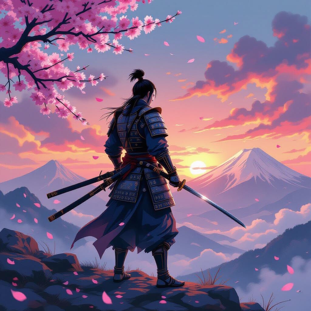 Samurai on Windswept Mountain with Cherry Blossoms