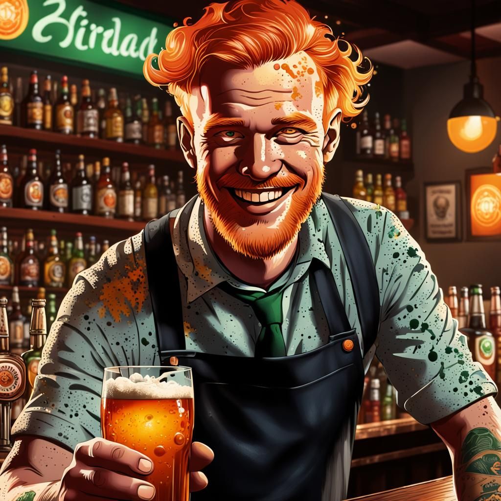 Joyful Bartender in Irish Pub, Hyperreal Ink Illustration