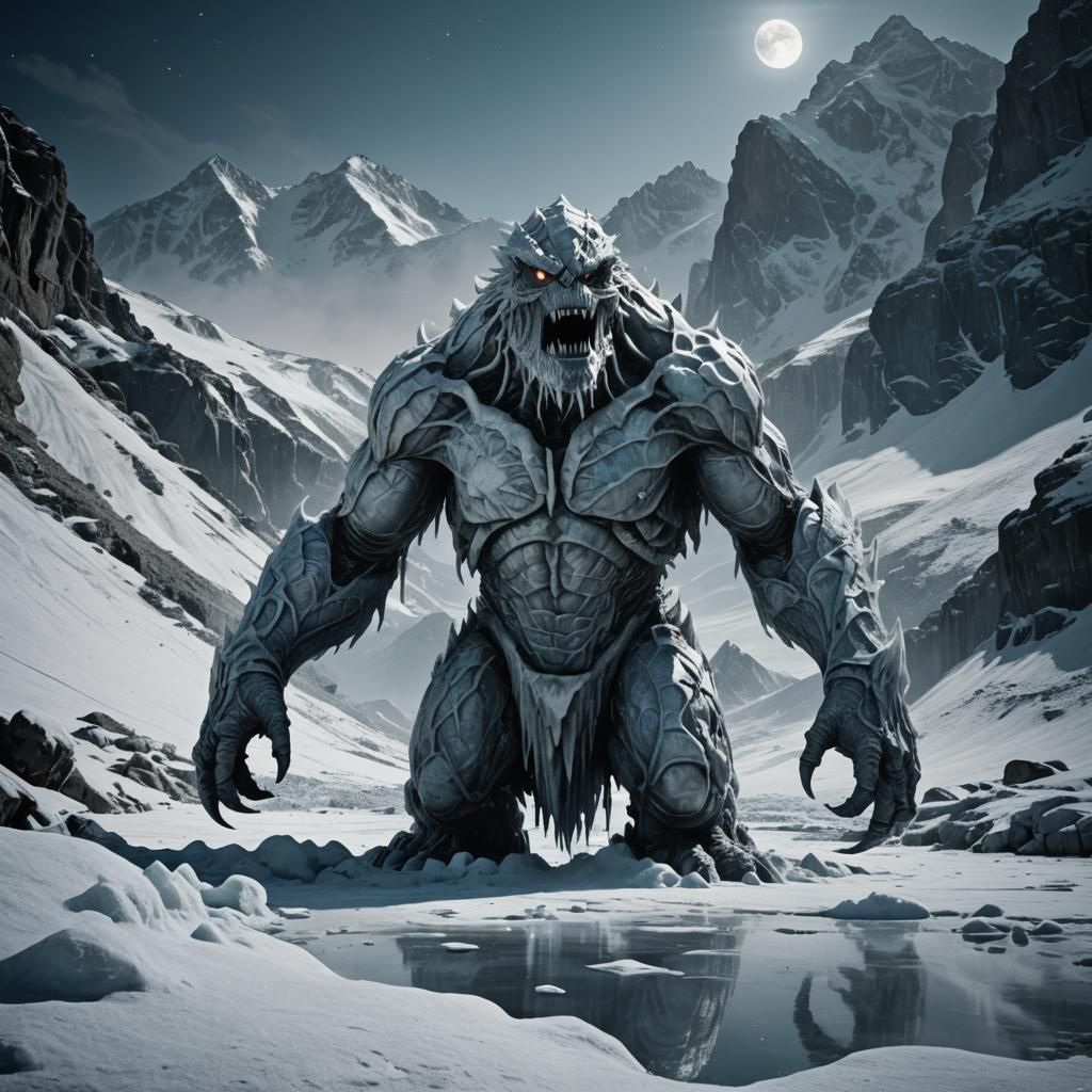 Snow Golem Monster in Icy Mountains: Cinematic Still