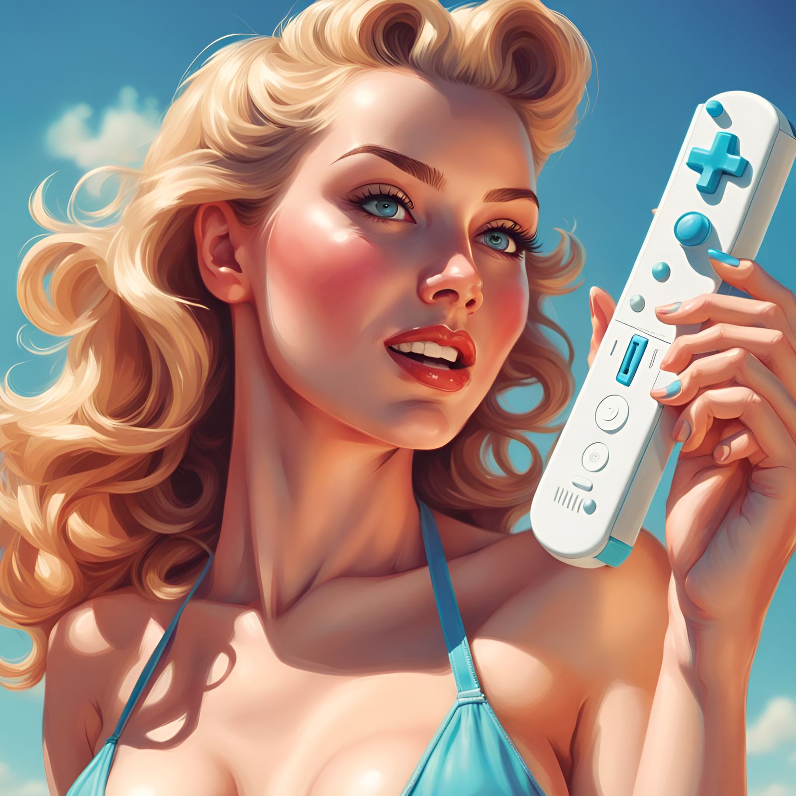 Flirty Woman with Game Controller in Pin-Up Style