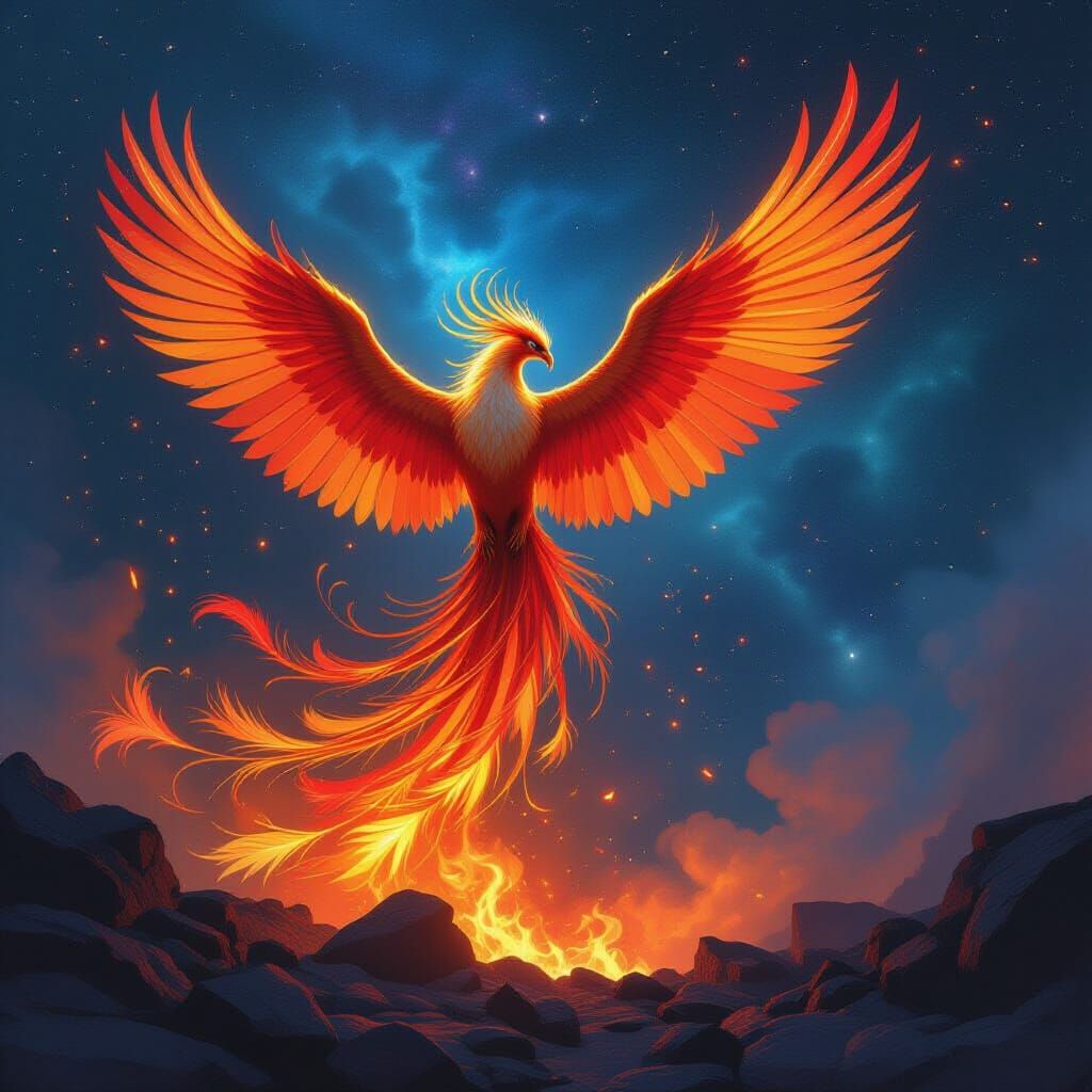 Majestic Phoenix Rises from Ashes in Nebula Sky