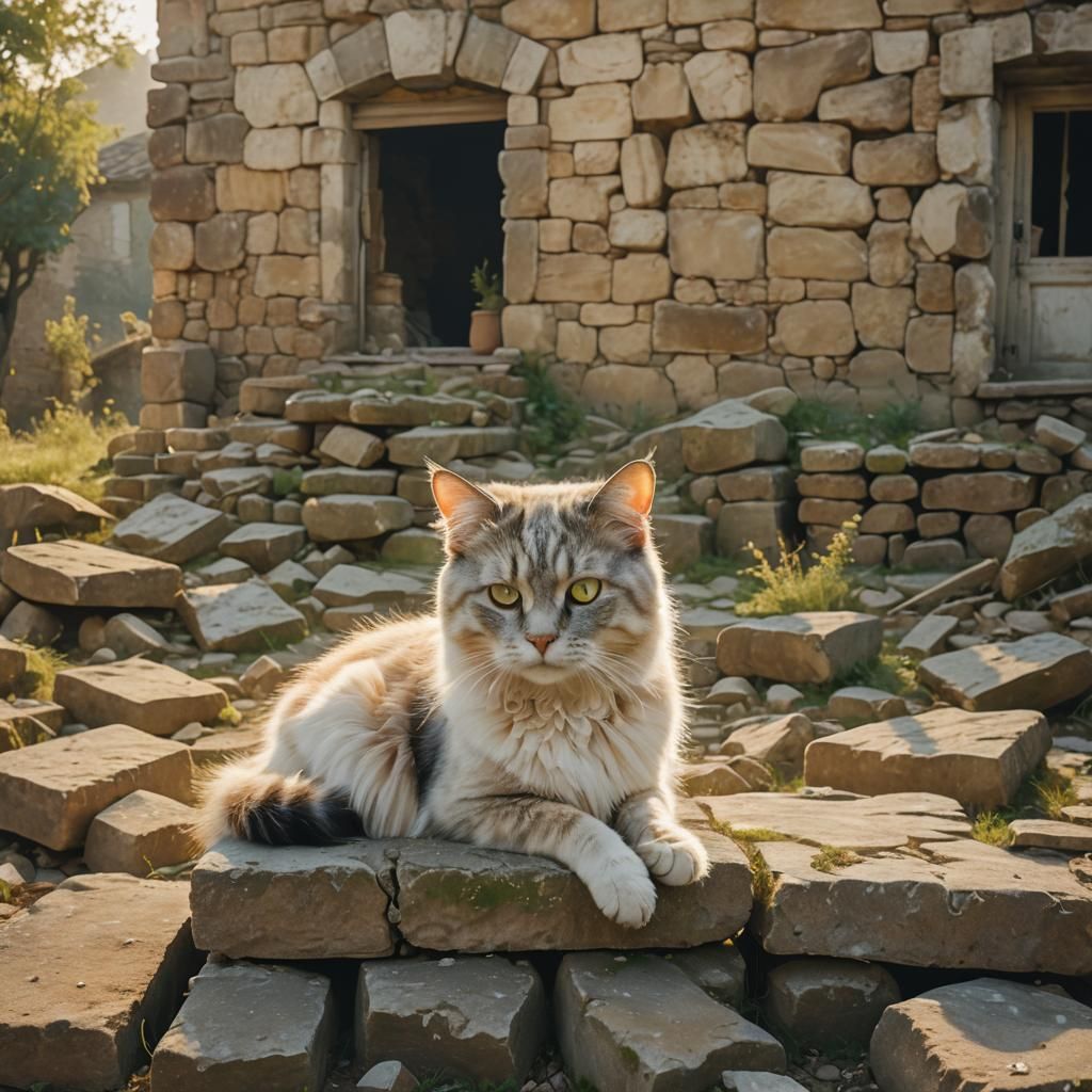 Ghost Cat in Ruined House: Whimsical Surrealism