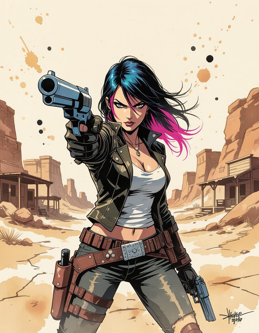 Latin Gunslinger Woman in Desert Ghost Town Comic Art