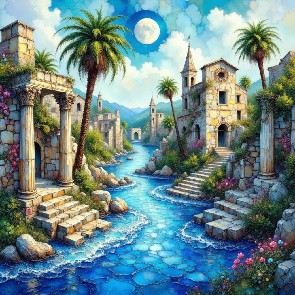 Ancient Greek City Ruins Under Moonlight