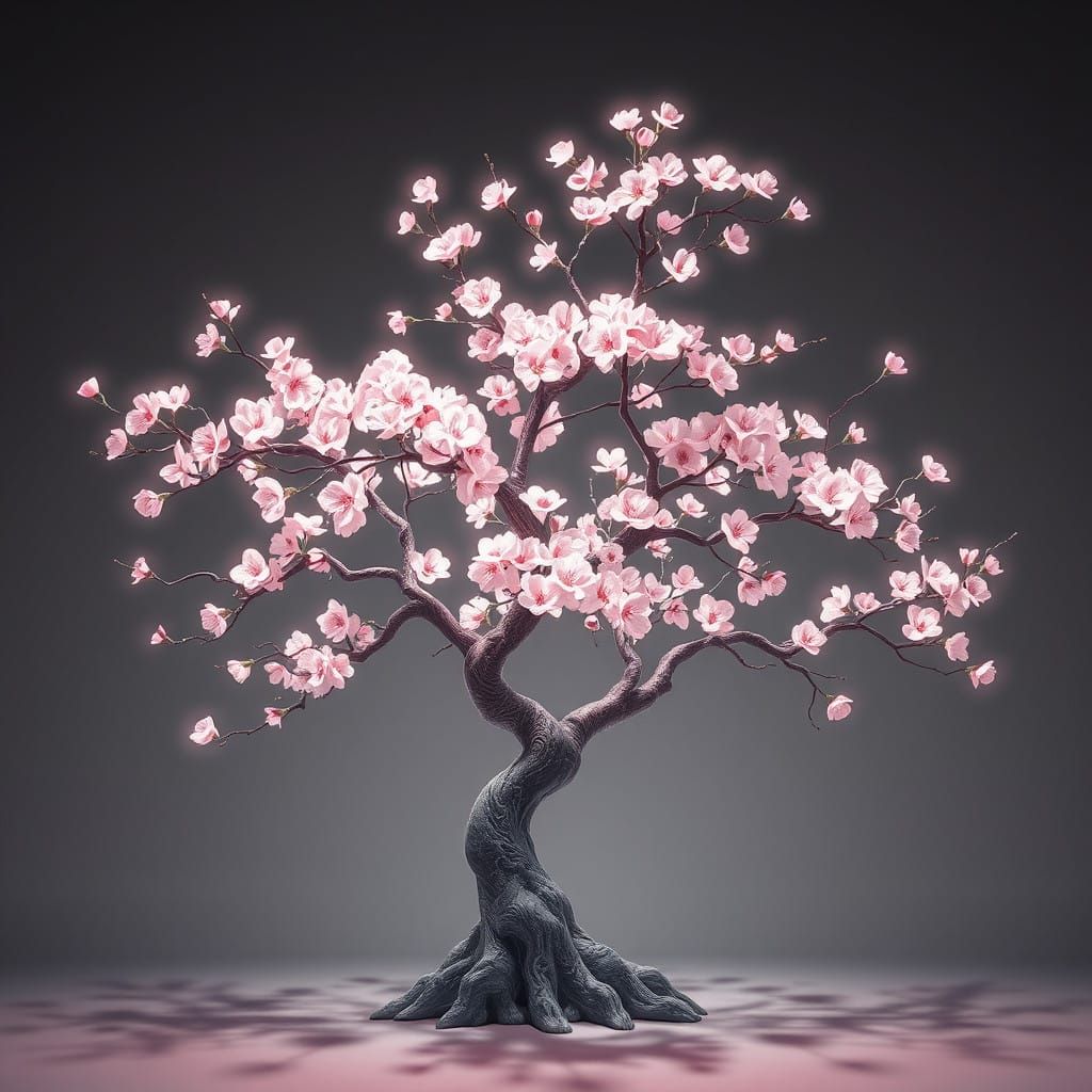 Ethereal Cherry Blossom Tree in Holographic Ukiyo-e Style