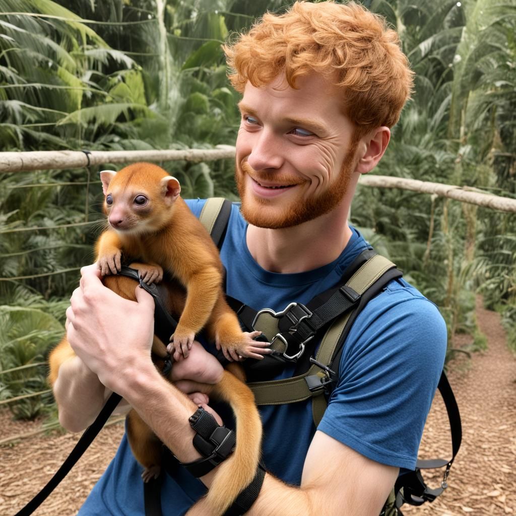 Ginger guy cuddling a kinkajou
