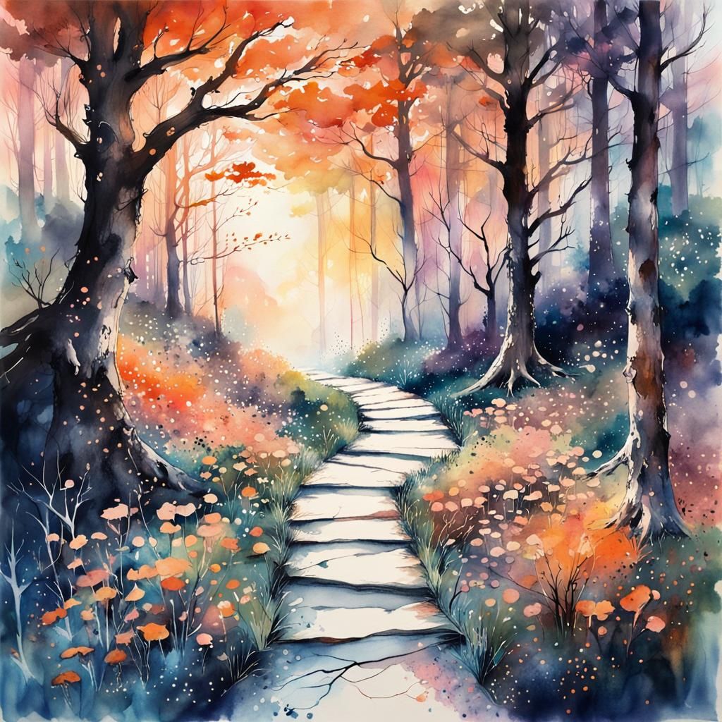 Mystical Forest Path at Sunset in Watercolor Style