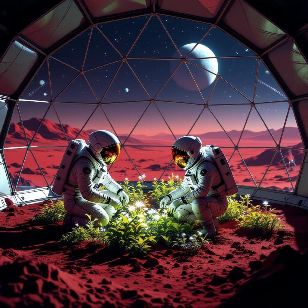 Astronaut Tends Glowing Garden on Mars