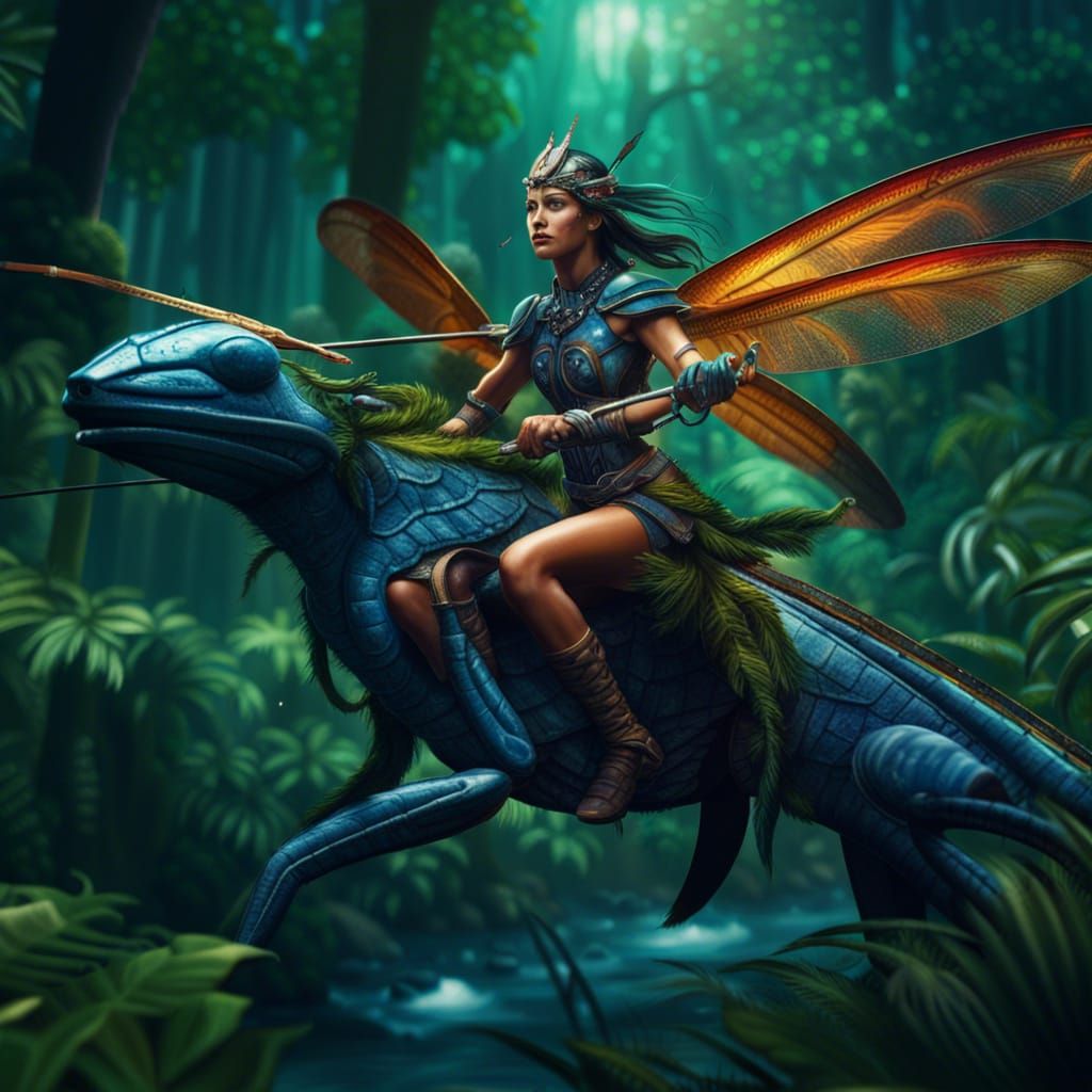 Warrior Woman on Dragonfly in Lush Jungle