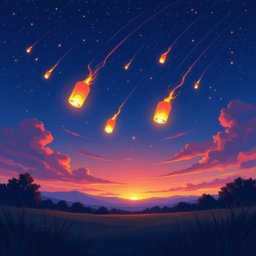 Flaming Lantern Meteors in Starry Night Sky