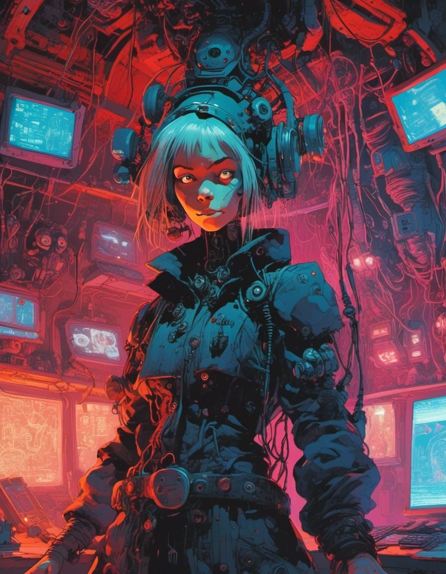 Cyborg Baba Yaga Portrait in Cyberpunk Style