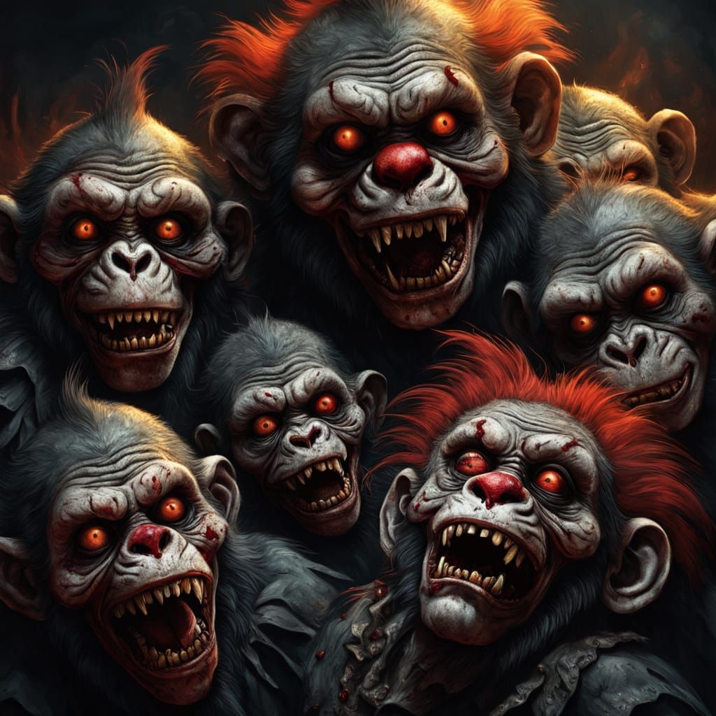 Creepy Zombie Monkey Clown Toddlers in Dark Fantasy Style